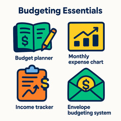 Four icons depicting budgeting essentials: budget planner, expense chart, income tracker, and envelope system.