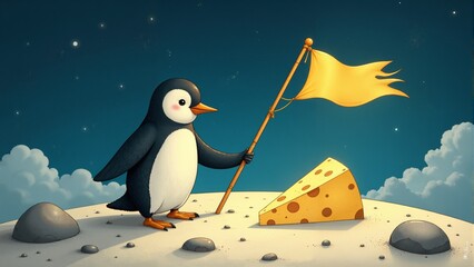 Creative penguin astronaut discovers giant cheese on a distant moon during an adventurous space mission