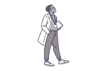Scientist in Lab Coat and Tablet: A focused scientist, stands confidently, wearing a crisp white lab coat and carrying a tablet, embodying expertise, research, and innovation.