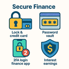Secure online finance methods, illustrating password protection, two-factor authentication, and interest earnings.