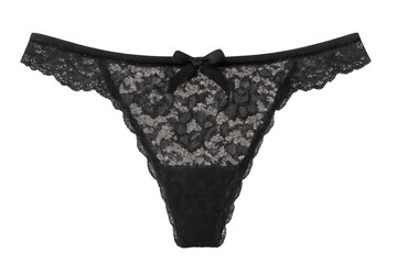 Black lace panties featuring delicate bow detail, showcasing elegant lingerie design against transparent backdrop