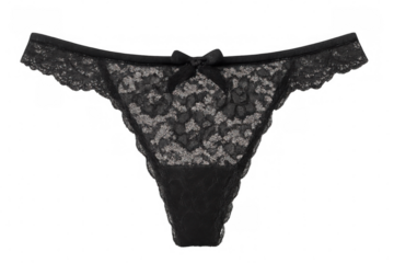 Black lace panties featuring delicate bow detail, showcasing elegant lingerie design against transparent backdrop