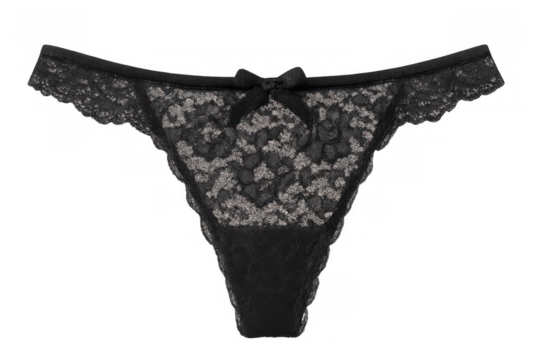 Black lace panties featuring delicate bow detail, showcasing elegant lingerie design against transparent backdrop