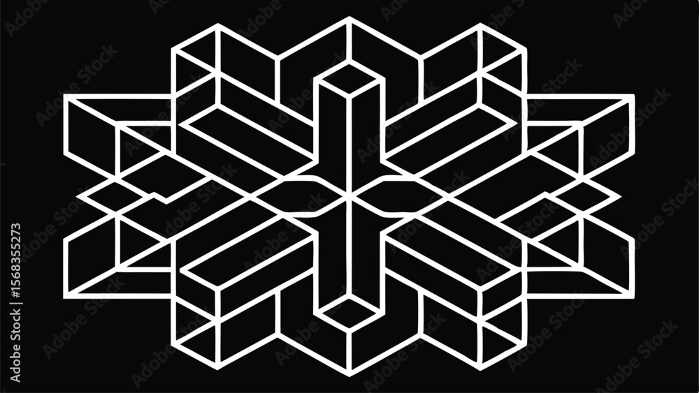 Poster abstract black and white geometric outline pattern constructed with modular tile elements