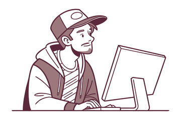 Digital Workspace: A young individual is absorbed in the digital realm, his gaze fixed on the screen while typing on a keyboard.