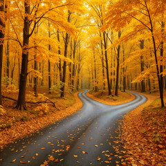 A serene forest scene captures a winding path splitting into two amid towering trees adorned with vibrant golden leaves 