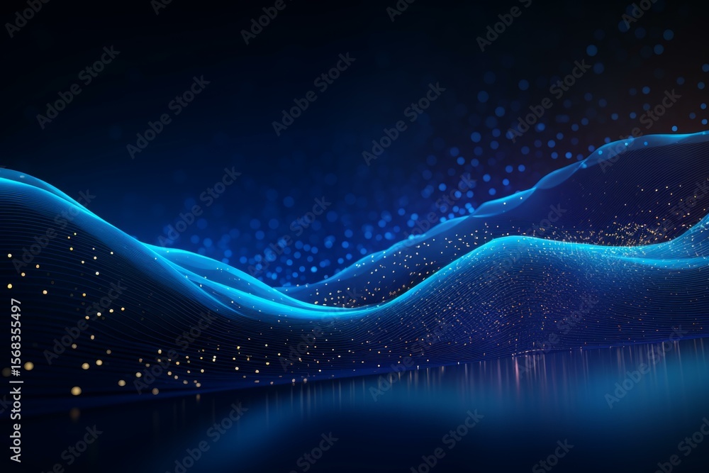 Poster digital data flow forming abstract blue waves with glowing particles in cyberspace