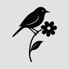 Silhouette bird on a flower stem elegant wildlife flora Vector illustration