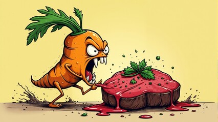 Angry cartoon carrot battles a giant steak with vibrant tomato sauce in a whimsical kitchen setting