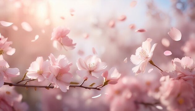 soft pink petals falling against a blurred pastel background