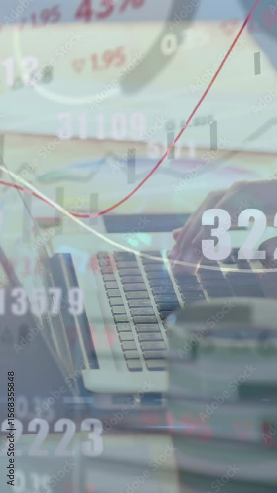 Poster animation of numbers changing and financial data processing over man paying online using laptop