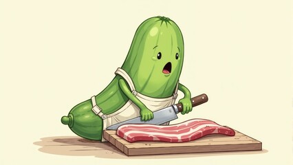 Happy cucumber character joyfully preparing bacon in a whimsical kitchen setting during a sunny afternoon