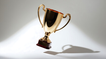A championship trophy floating in mid-air, isolated against a seamless pure white background under soft studio lighting. The trophy is polished, with detailed engravings and ornate handles.