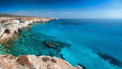 crystal clear turquoise waters with visible underwater rocks meet rugged light colored cliffs topped with sparse vegetation along cyprus coastline