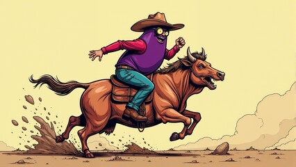 Epic journey of a whimsical eggplant on horseback through a sunlit desert landscape at the break of dawn