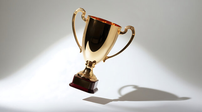 A championship trophy floating in mid-air, isolated against a seamless pure white background under soft studio lighting. The trophy is polished, with detailed engravings and ornate handles.