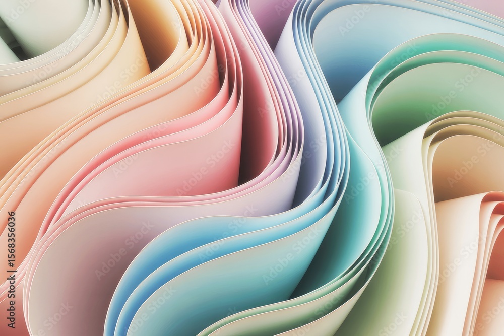 Poster abstract pastel ribbon swirls with soft color palette and smooth texture art