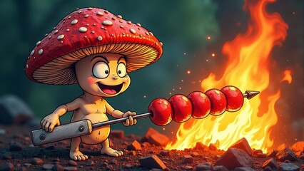 Whimsical mushroom chef roasting delicious sausages over a vibrant campfire in a magical forest during twilight hours