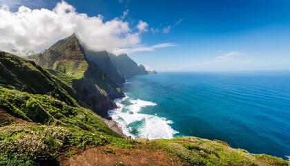 stunning coastal landscape dramatic ocean cliffs lush green vegetation and white clouds
