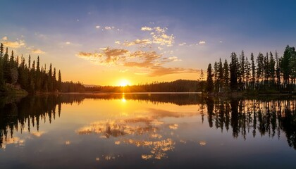 Fototapeta premium majestic sunset reflection over serene lake surrounded by trees