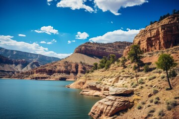Fototapeta premium Scenic landscape featuring red sandstone cliffs, a serene lake, and a vibrant blue sky dotted with white clouds