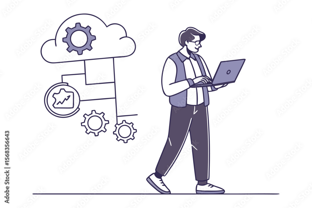Poster cloud computing: a person utilizes a laptop to access cloud computing services, symbolizing modern d