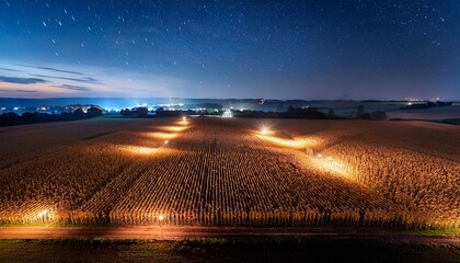 breathtaking nighttime landscape of a cornfield captured with long exposure photography technique