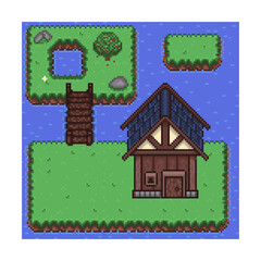 Pixel Village Island – Retro Game Scene with House and Bridge