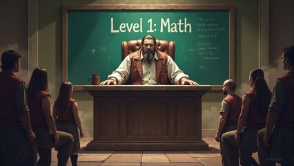 Engaging math lesson with a wise tutor guiding young learners in an enchanting classroom setting