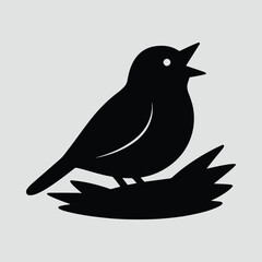 Silhouette bird singing on branch black and white vector illustration