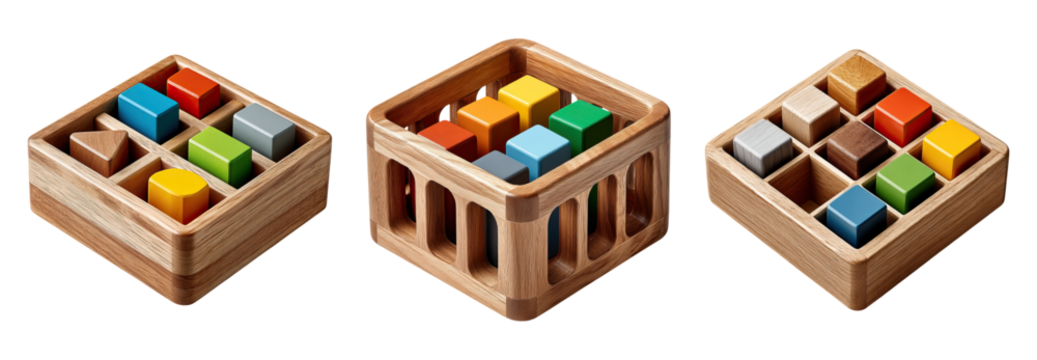 Wooden toy blocks in colorful shapes arranged in three wooden trays, playful and educational set for children - Powered by Adobe