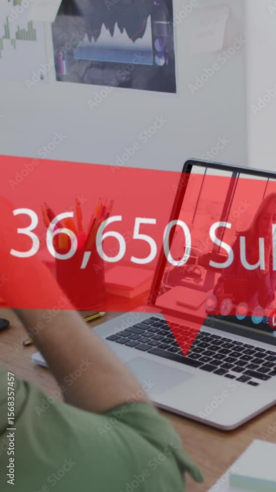 Poster animation of speech bubble with number of subscribers growing over man using laptop on video call