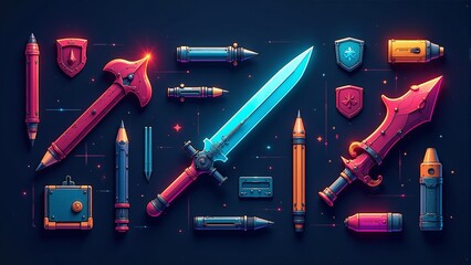 Colorful fantasy weapons and tools arranged in an artistic layout showcasing creativity and imagination
