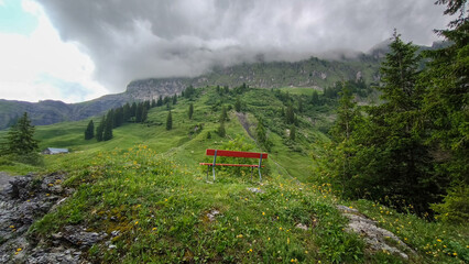 Red Bench Ibergereg Swiss Alpine Mountain Pass
