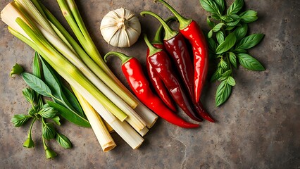Vibrant Asian ingredients like lemongrass and chili peppers arranged on a rustic stone surface in an overhead view.