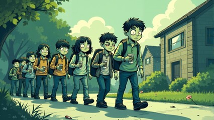Group of students walking home from school in a vibrant cartoon landscape, with backpacks and drinks in hand during late afternoon