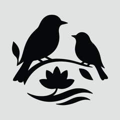 Silhouette birds perched on branch with water lily Vector illustration