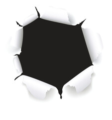 Torn paper with a ragged hole revealing the blank space through the broken edge