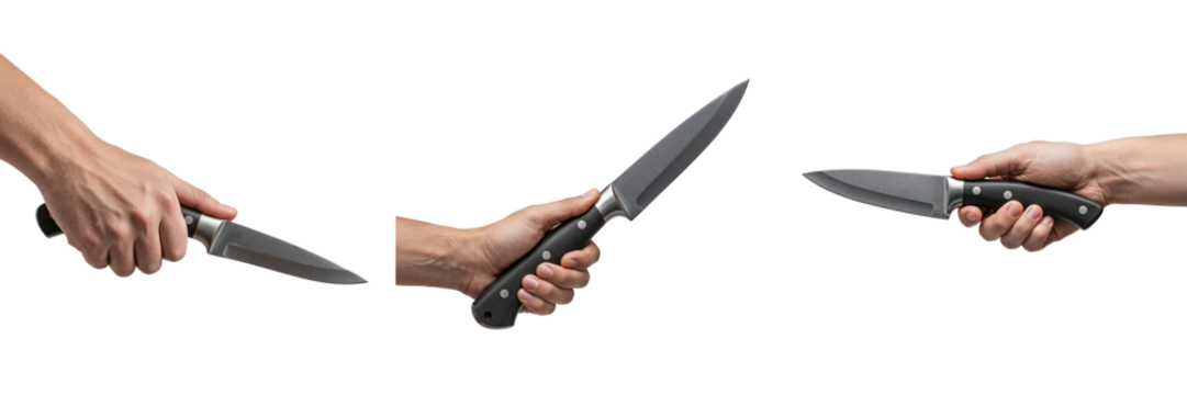Hand holding kitchen knife in three different positions on transparent background 