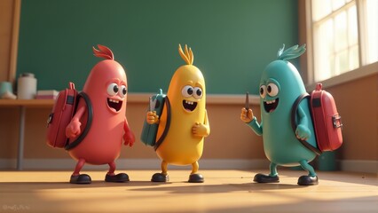 Three colorful cartoon crayons embark on an exciting adventure in a cheerful classroom setting