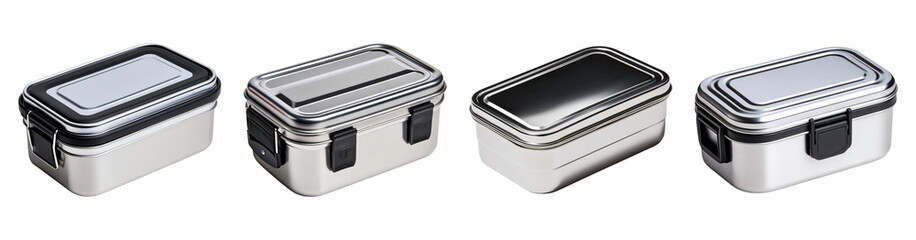 Stainless steel lunch box set with secure lids and black clasps, perfect for carrying meals and snacks outdoors