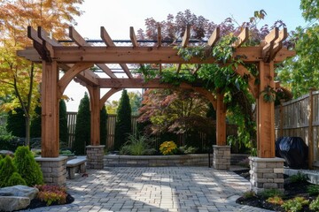 Naklejka premium Luxurious wooden pergola structure in a private backyard garden with climbing vines, creating a relaxing outdoor space