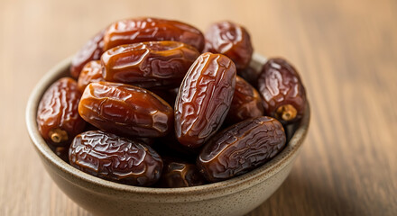 Obraz premium Delicious Medjool Dates in a Bowl on Wooden Table