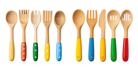 Wooden kitchen utensils with colorful handles in neat row, bright and cheerful cooking tools for home use