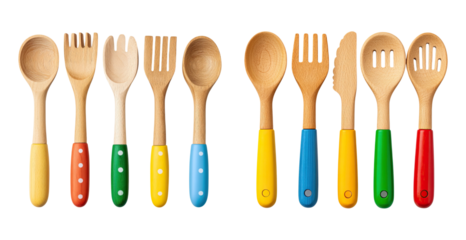 Wooden kitchen utensils with colorful handles in neat row, bright and cheerful cooking tools for home use