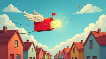 Enchanted mailbox soars through a sunlit sky over a quaint neighborhood filled with charming houses