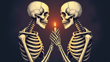 Two skeletons embrace warmth of a flickering candlelight in a striking display of love beyond life during an artistic moment