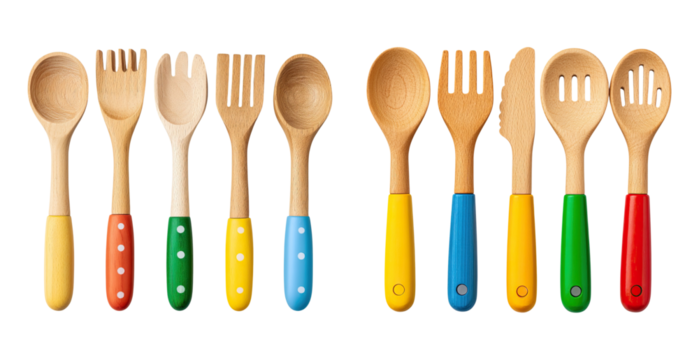 Wooden kitchen utensils with colorful handles in neat row, bright and cheerful cooking tools for home use