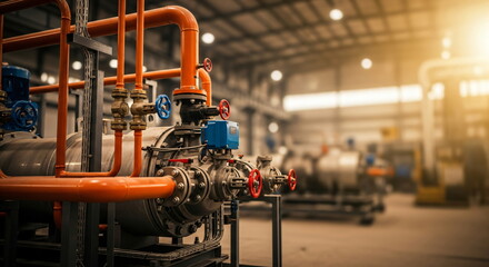 Fototapeta premium Industrial pipeline system featuring orange pipes and various valves. Factory equipment showing machinery inside a production plant.