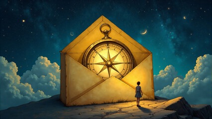 Mysterious envelope with a celestial clock invites an adventurous spirit to a journey among the stars above a tranquil landscape